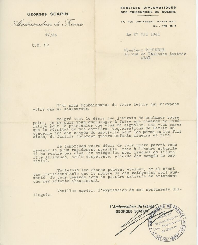 1941 05 XIIIA Demande rapatriement Pomarède