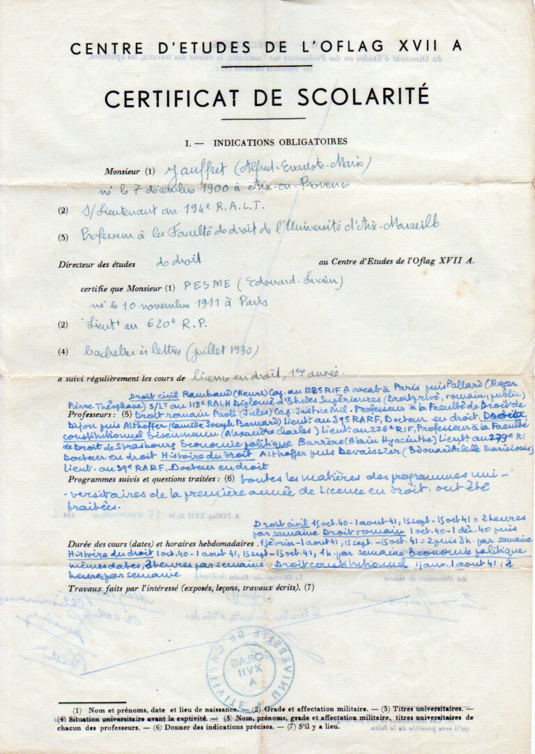 1941 11 Oflag XVII A - certificat de scolarité - recto