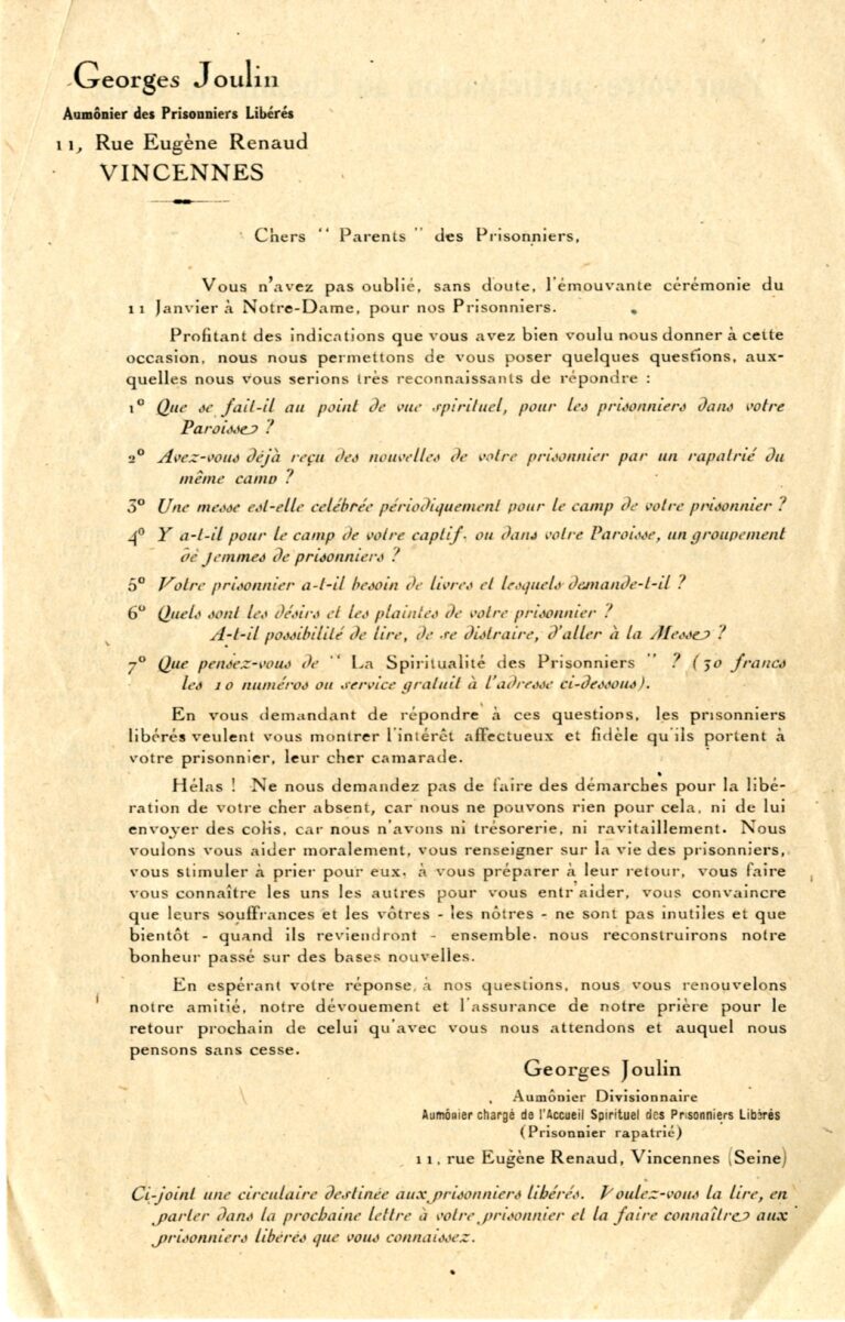 Circulaire de l'Aumonier Georges Joulin aux Prisonniers Libéres 001