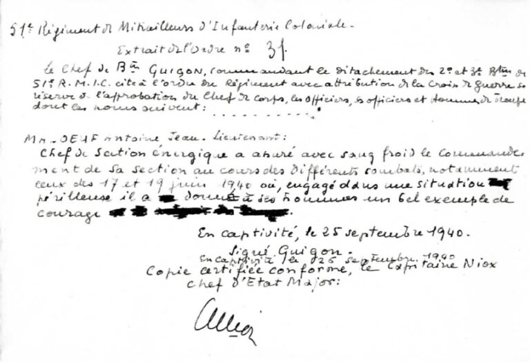 Lieutenant Madoeuf Jean Antoine extrait ordre n31 51e RMIC 1940-09-25