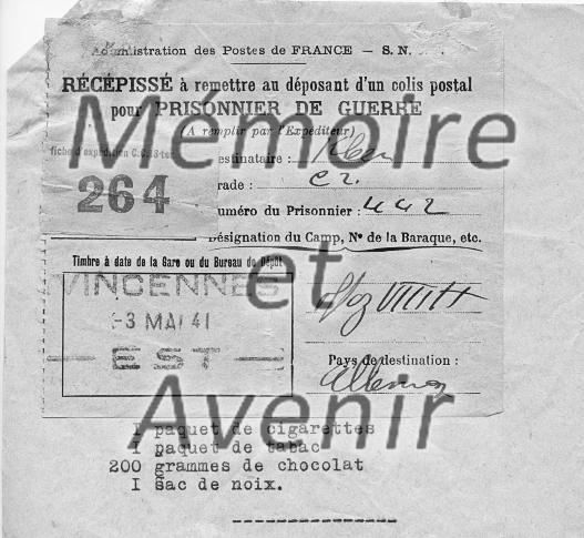 Oflag VIII H Récépissé Klein 1941 05 R