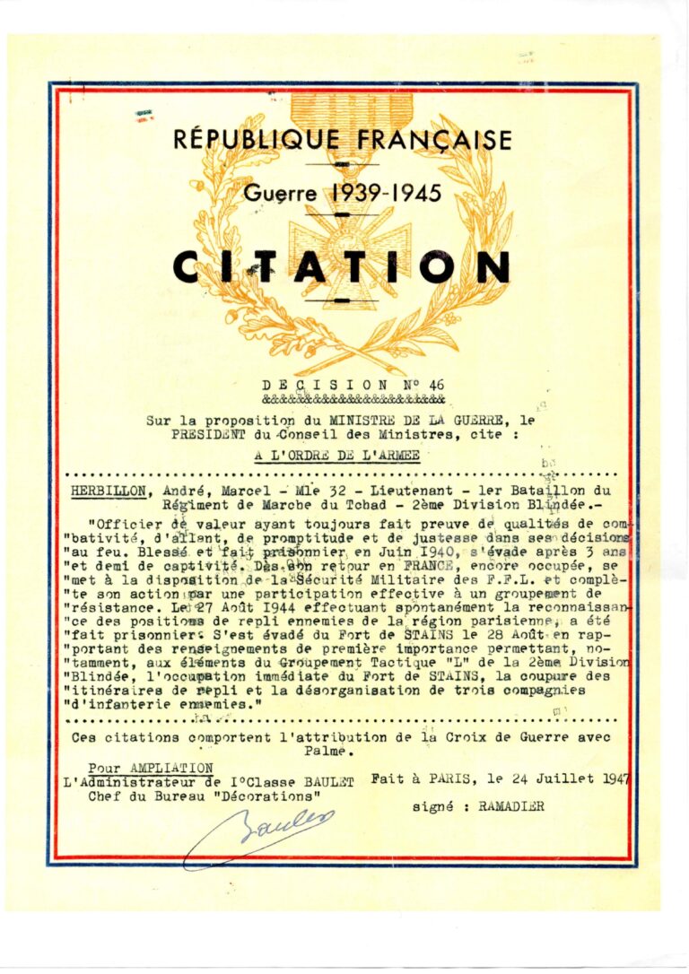 Citation André Herbillon 1947-07-24